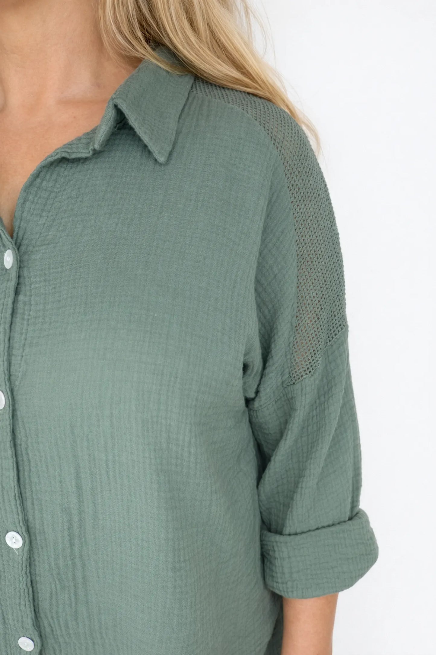 Pure Bubble Cotton Mesh Sleeve/Back Detail Celeste Button Shirt - Khaki