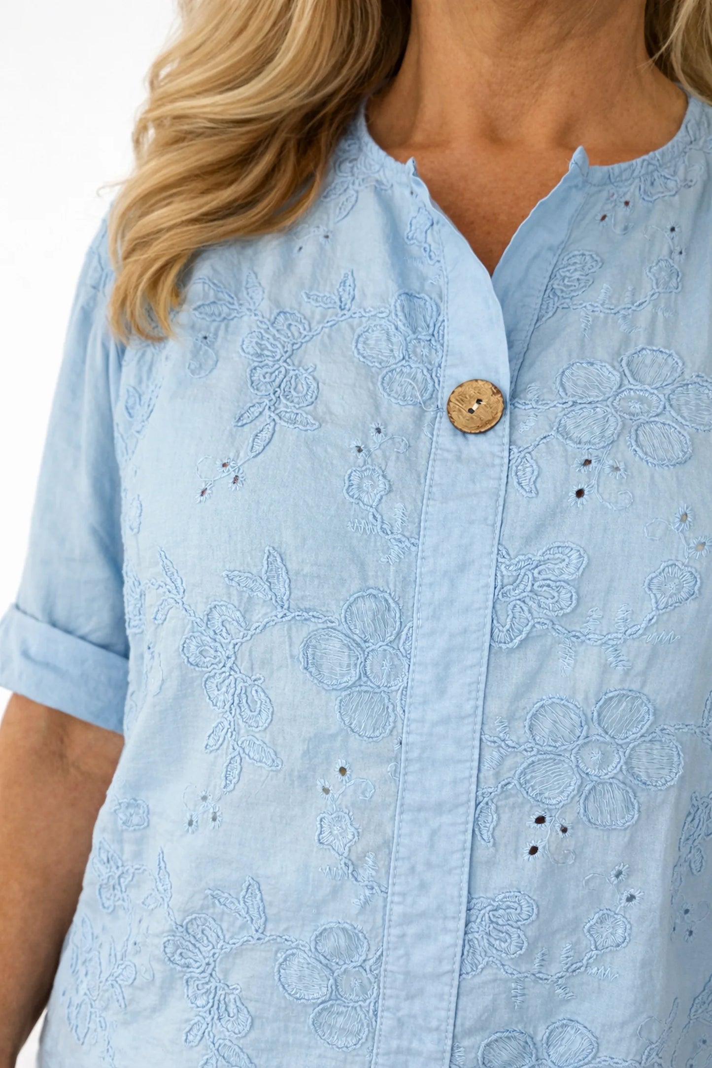 Pure Cotton Button Detail Embroidery Anglaise Firenze Shirt - Baby Blue