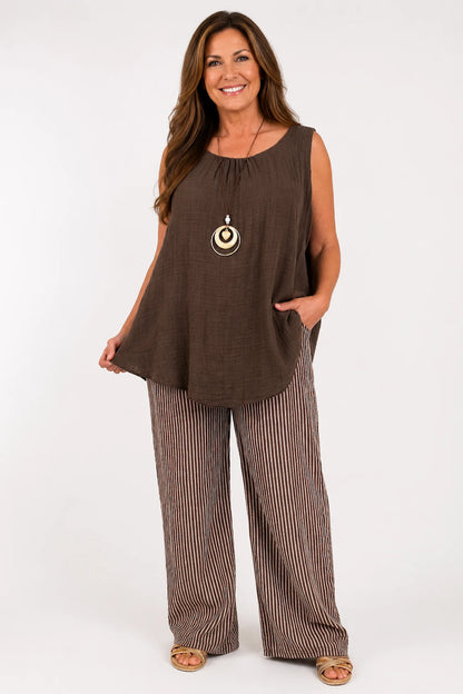 Pure Cotton Double Pocket Elasticated Waist Viera Stripe Pants - Chocolate