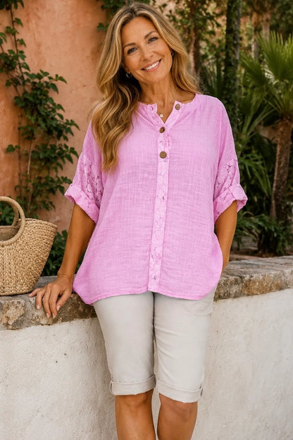 Linen Look Cotton Lace Sleeve Calabri Button Top - Baby Pink