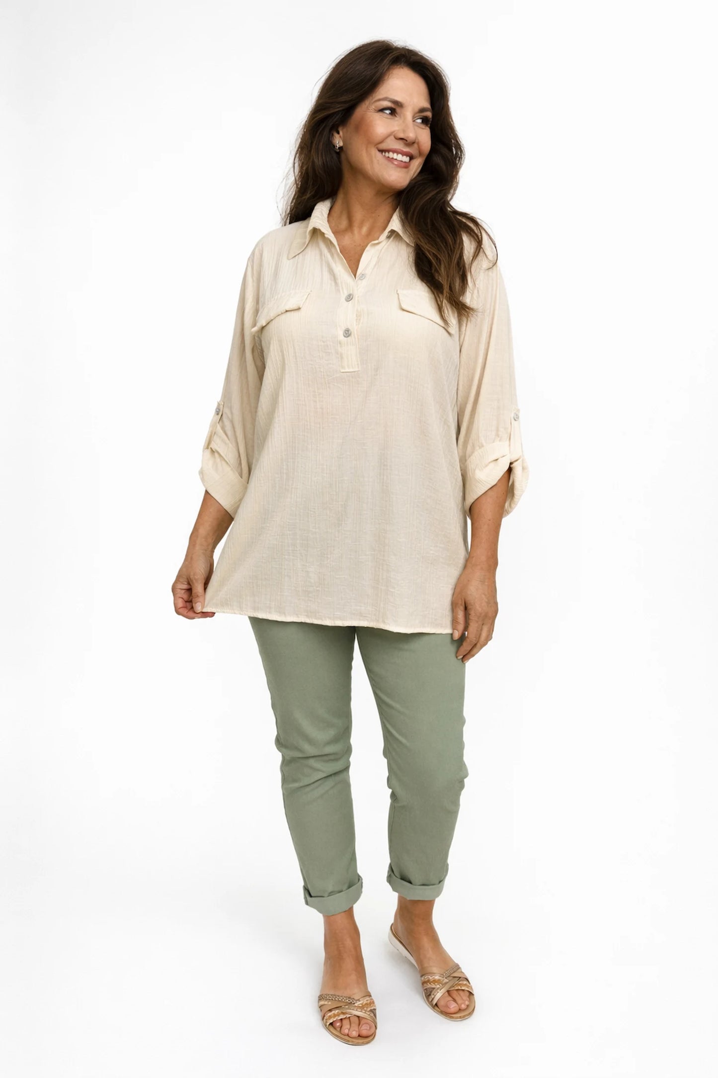 Softly Textured Button Sleeve Flap Detail Lunara Shirt - Beige