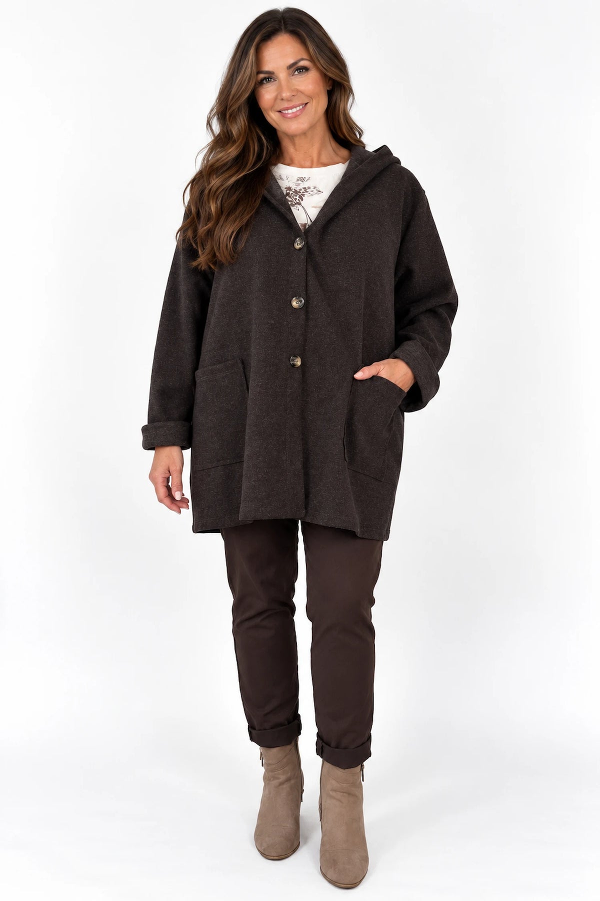 Wool Mix Brushed Double Patch Pocket Italia Button Hooded Coat - Dark Chocolate