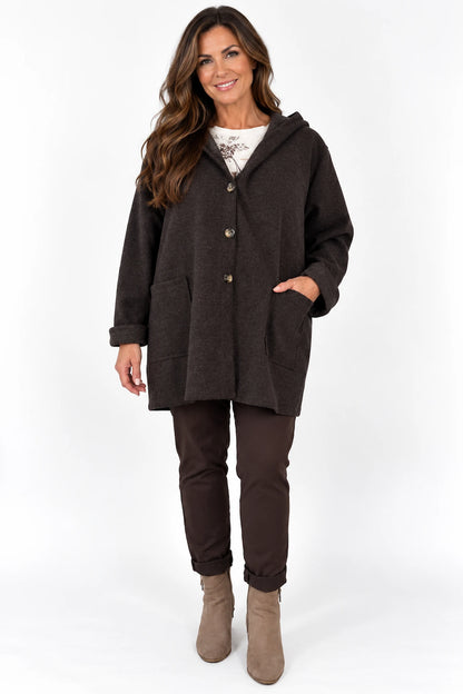 Wool Mix Brushed Double Patch Pocket Italia Button Hooded Coat - Dark Chocolate