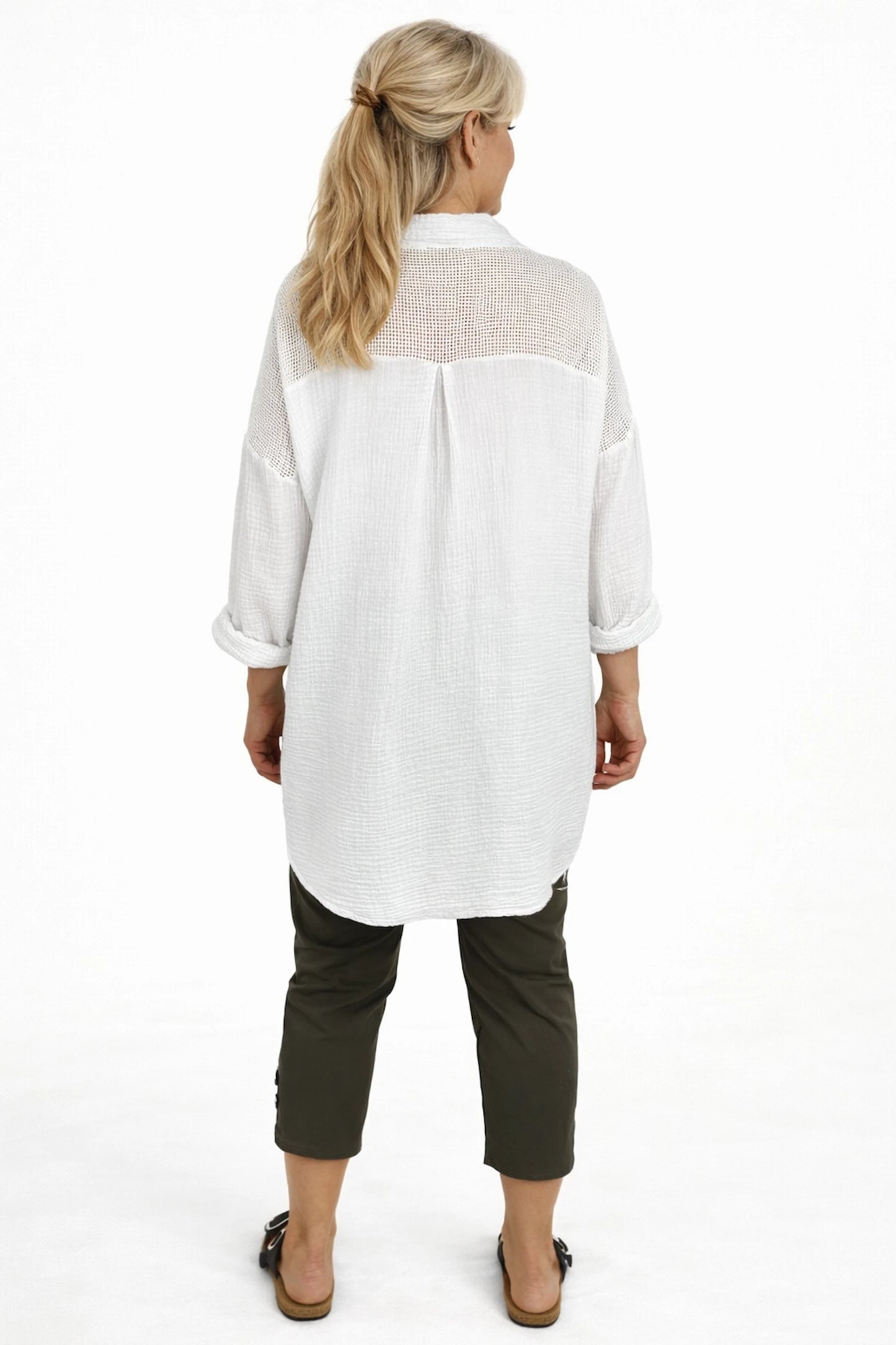 Pure Bubble Cotton Mesh Sleeve/Back Detail Celeste Button Shirt - White