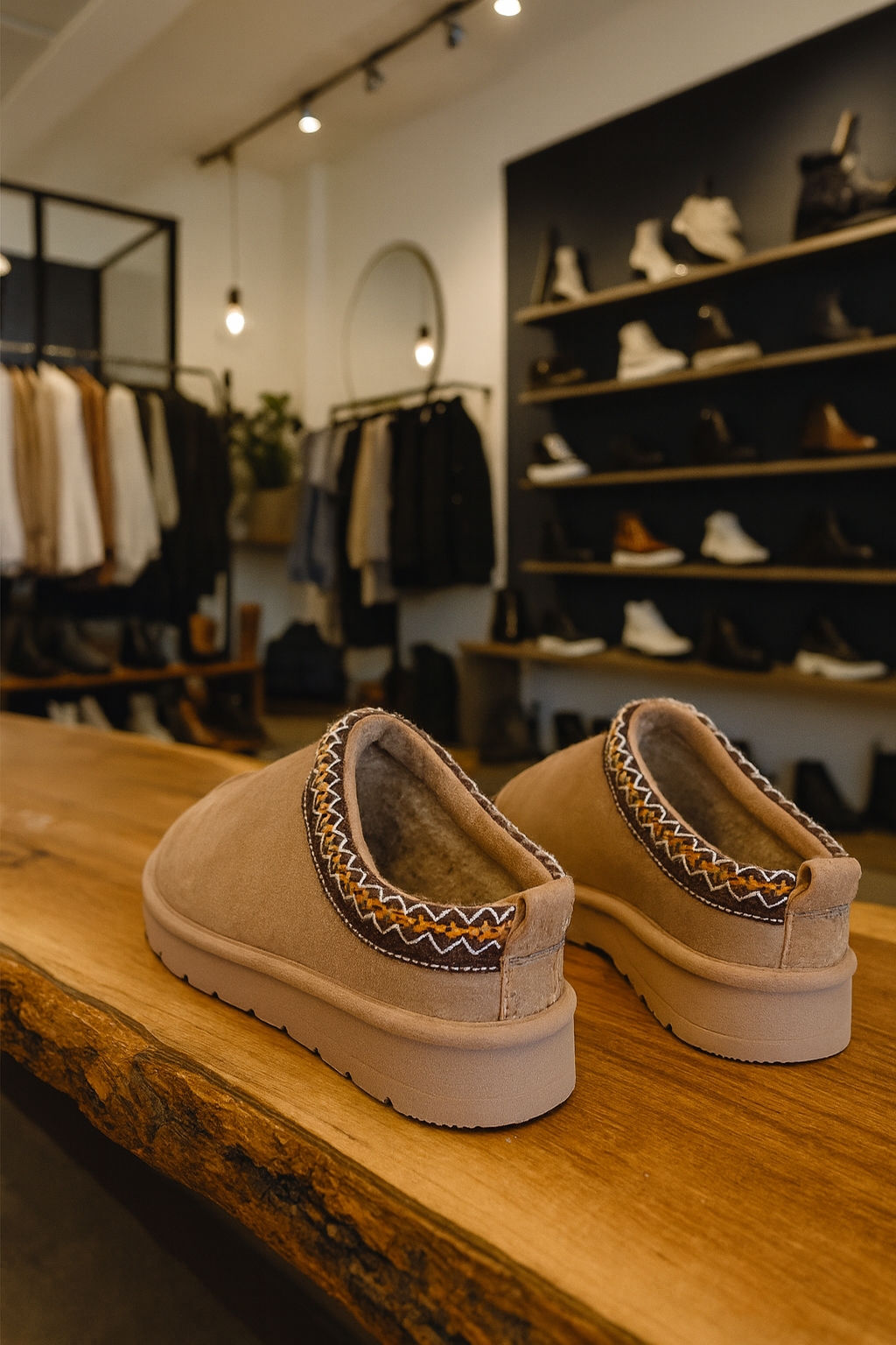 Aztec Faux-Suede Fur Lined Slipper Shoe - Mocha