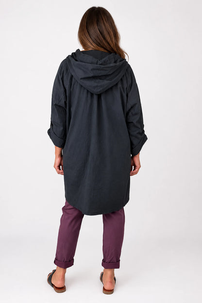 Cotton Double Flap Pocket Button Sleeve Izzy Hooded Overshirt - Black