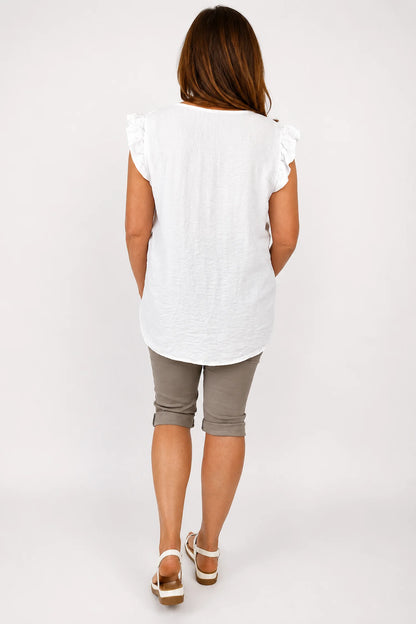 Frill Sleeve Embroidered Floral Detail Sienna Cap Sleeve Top - White