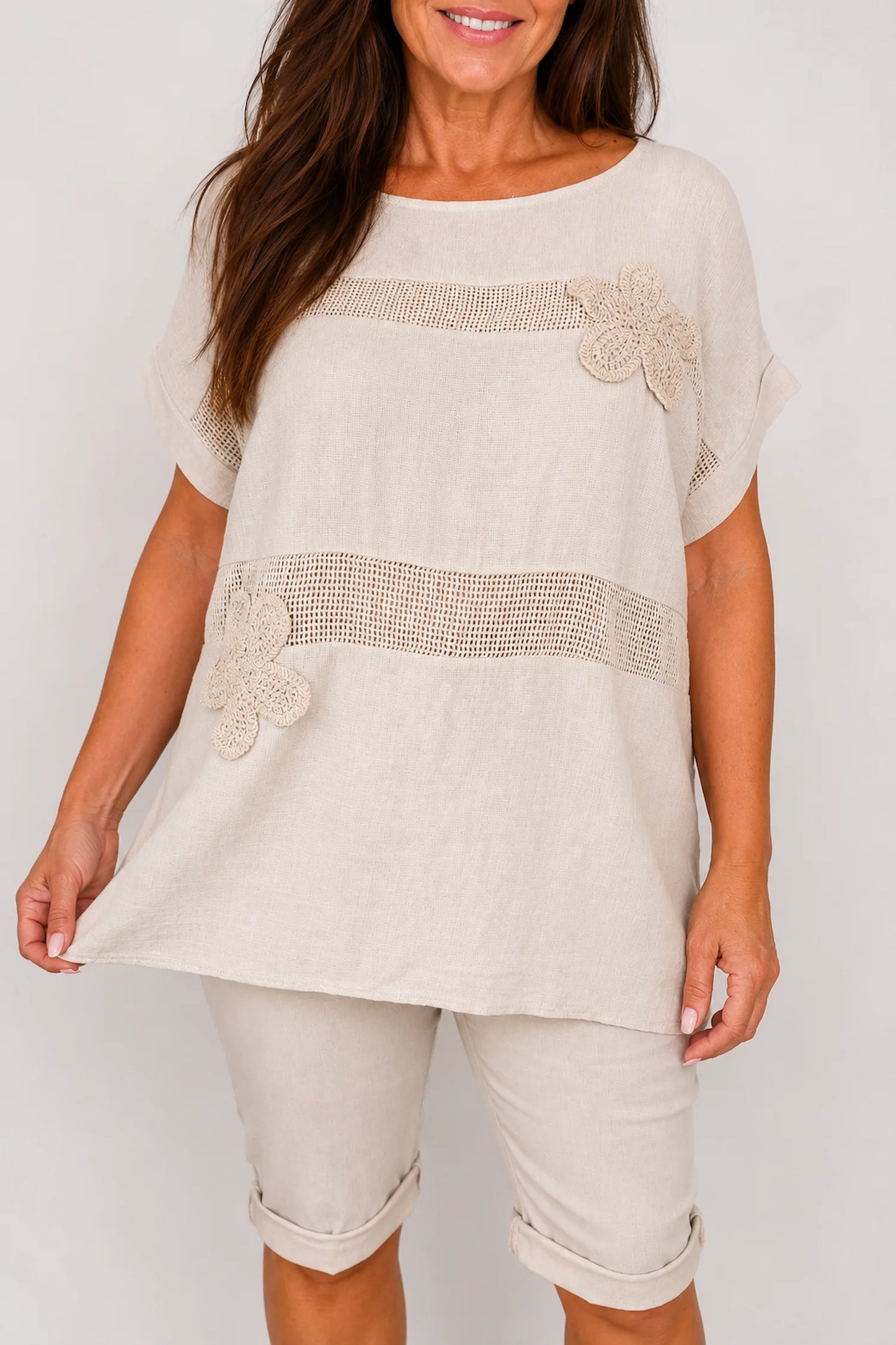 Pure Cotton Embroidered Flower Mesh Detail Capari Top - Beige