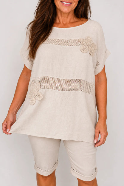 Pure Cotton Embroidered Flower Mesh Detail Capari Top - Beige