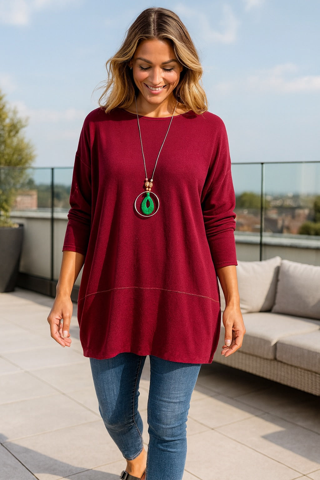 Soft Knit Silver Line Diana Necklace Top - Red Wine