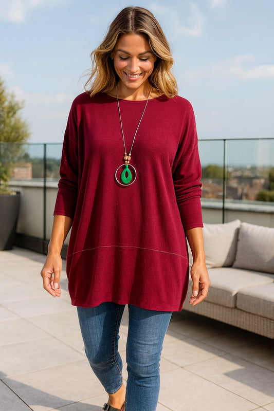 Soft Knit Silver Line Diana Necklace Top - Red Wine