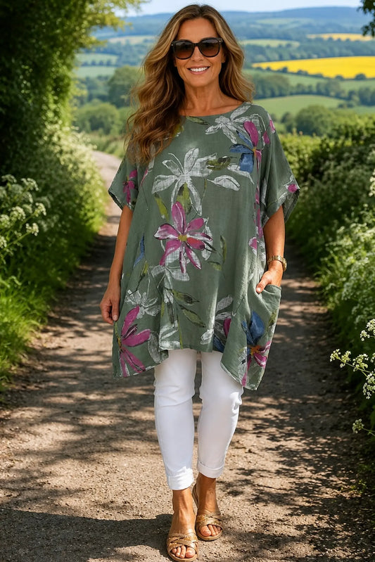 Pure Cotton Double Pocket Livia Tunic Top - Khaki