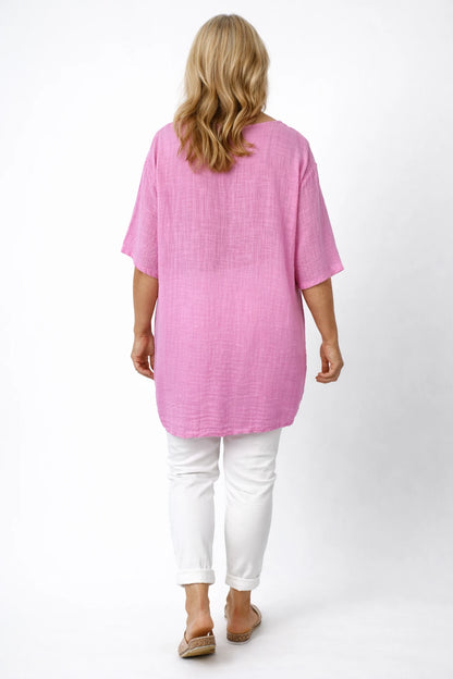 Pure Cotton Embroidered Floral Juliette Top - Lipstick Pink