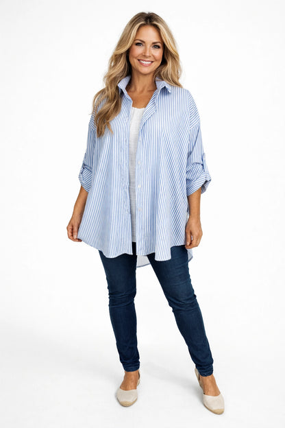 Cotton Button Sleeve Marnie Stripe Button Shirt - Light Denim