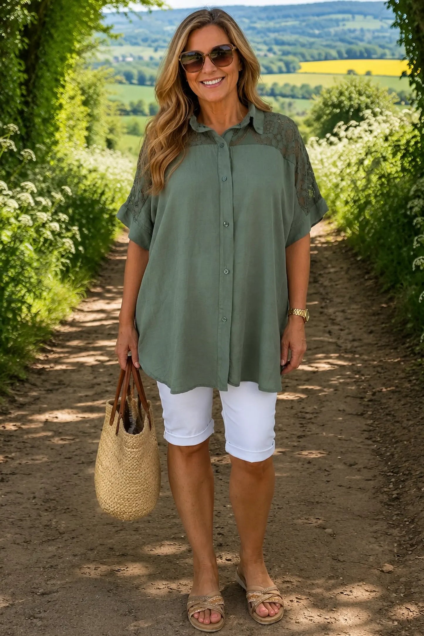 Lace Crochet Shoulder Alexandra Button Shirt - Khaki