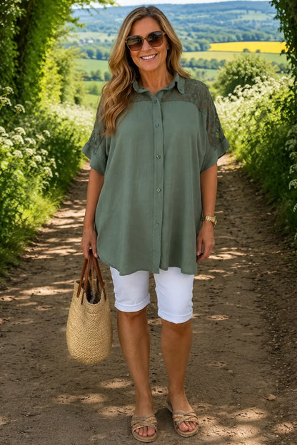 Lace Crochet Shoulder Alexandra Button Shirt - Khaki