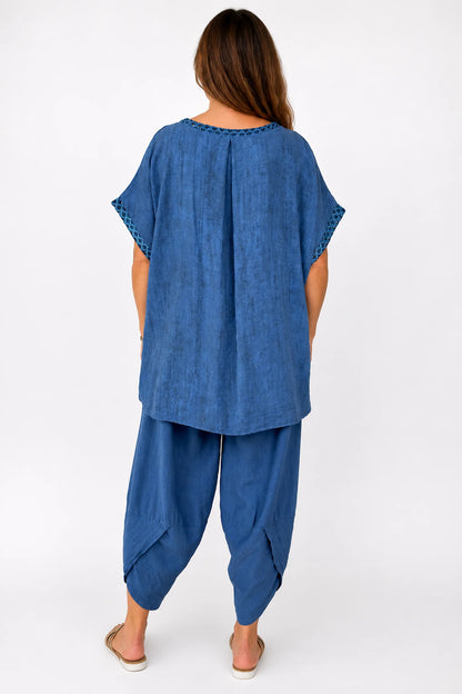 Crochet Lattice Trim Lightly Textured Marsi Top - Washed Denim