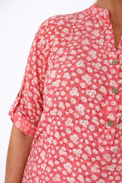 Linen Look Cotton Button Sleeve Daisy Button Shirt - Coral