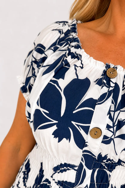 Button Detail Elasticated Waist Panel Floral Endless Summer Dress - Navy