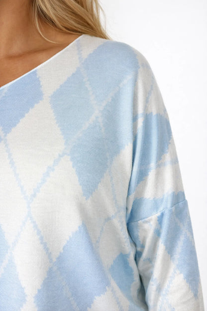 Wool Mix Spring Knit Argyle Florence Top - Baby Blue