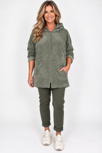 Double Pocket Chenille Zipped Cassie Hoodie - Sage