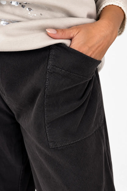 Pure Cotton Needlecord Double Panel Pocket Elasticated Waist Fara Pants - Chocolate