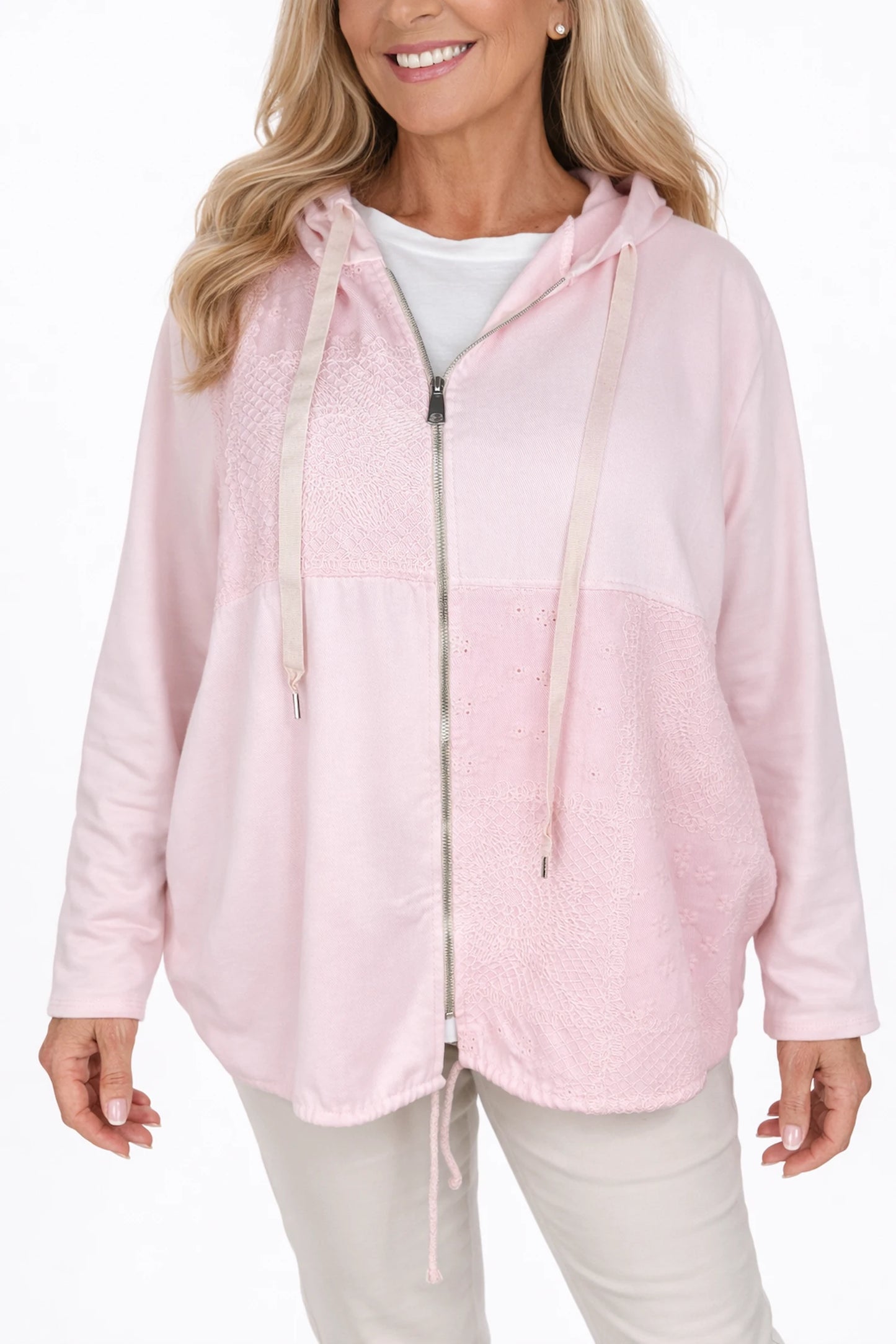 Cotton Embroidery Anglaise Drawstring Hem Double Pocket Lorenza Zipped Hoodie - Baby Pink