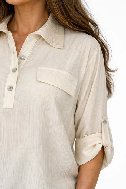 Softly Textured Button Sleeve Flap Detail Lunara Shirt - Beige