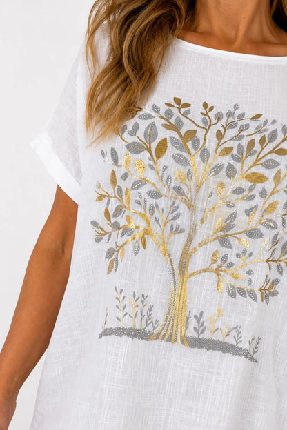 Linen Cotton Mix Diamanté Golden Leaf Carletta Top - White