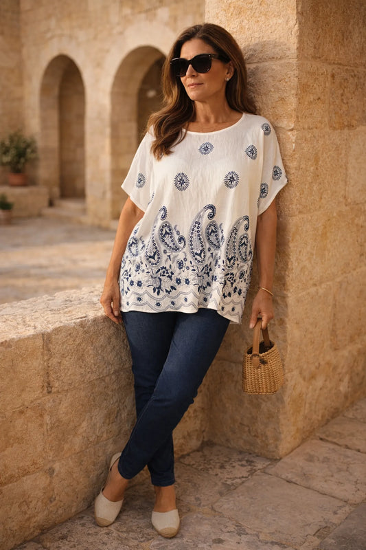 Linen Cotton Mix Paisley Gisella Top - Off-White/Navy