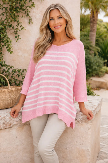 Cotton Serena Stripe Spring Knit Top - Baby Pink