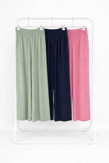 Elasticated Smocked Waist Patch Pocket Milan Wide Leg Pants - Navy