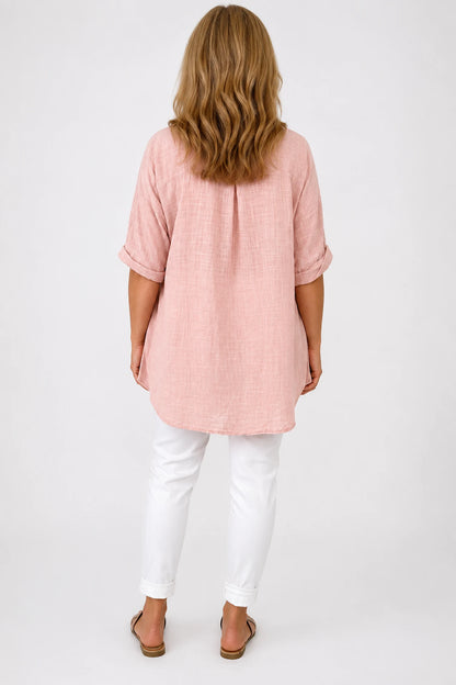 Linen Look Pure Cotton Button Detail Pocket Venice Top - Rosewood Pink