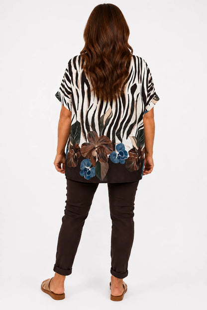 Lightweight Floral Zebra Kassi Top - Chocolate