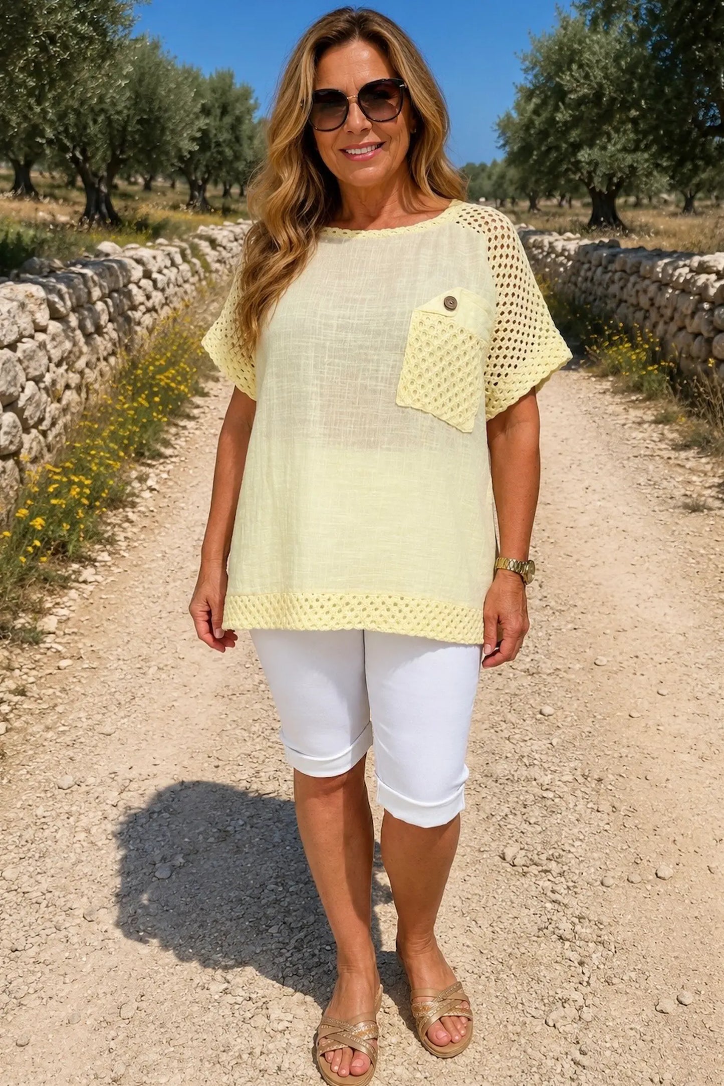 Pure Cotton Crochet Detail Button Pocket Palermo Top - Lemon
