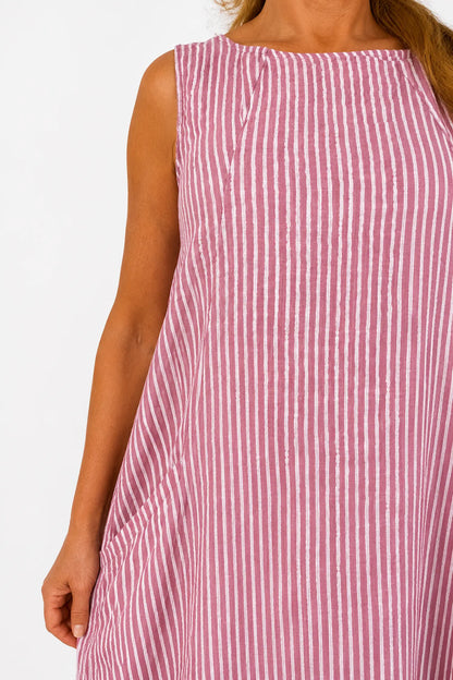 Cotton Double Pocket Pinstripe Elizabeth Dress - Raspberry Ripple