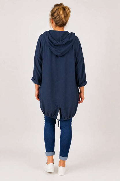 Drawstring Hem Lightweight Hooded Amirella Jacket - Navy