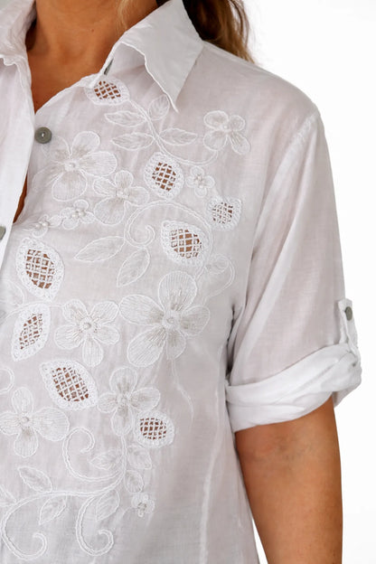 Cotton Embroidered Sequin Floral Button Sleeve Bella Lune Shirt - White