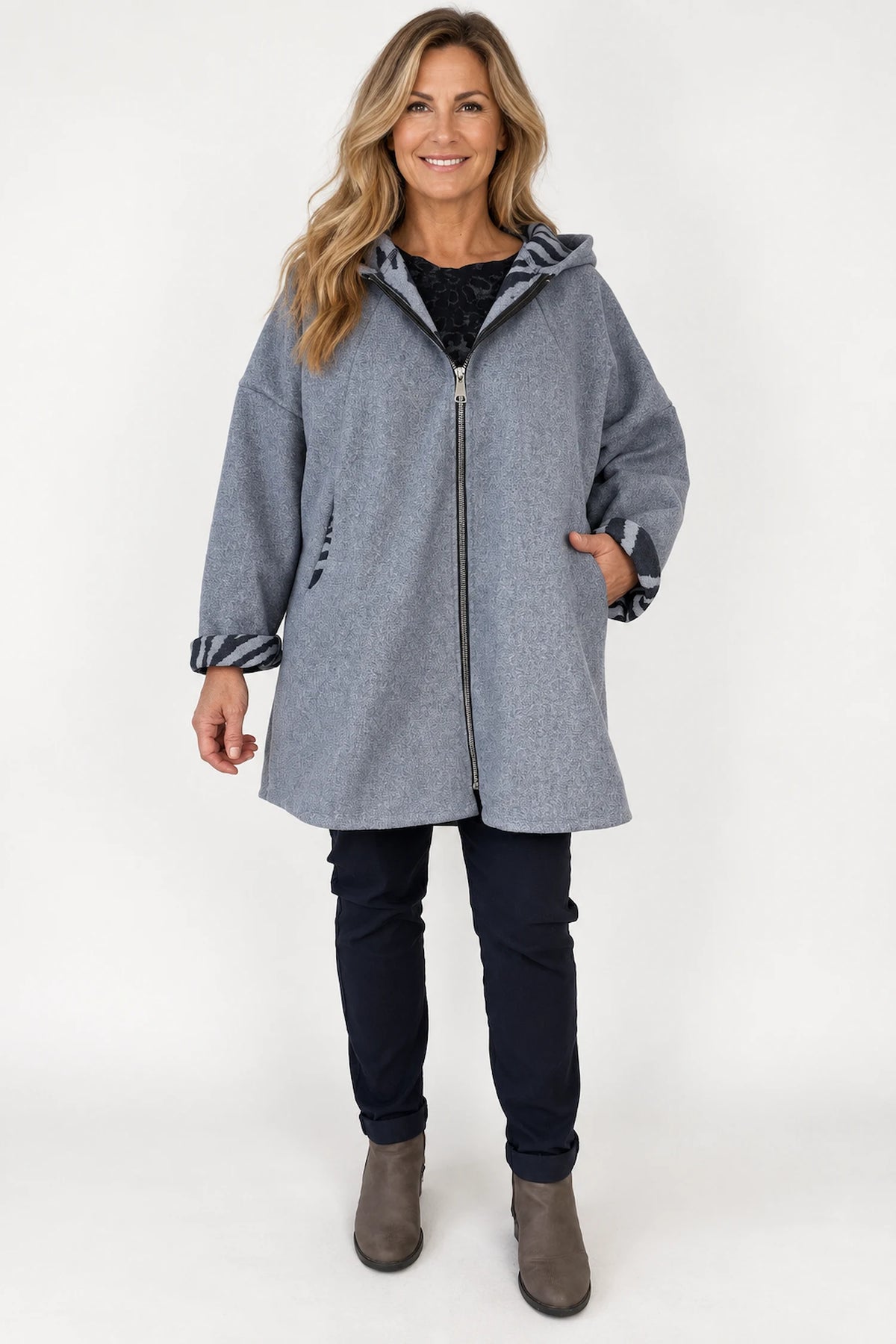 Double Pocket Zipped Contrast Animal Print Lined Valentina Brushed Hooded Coat - Denim