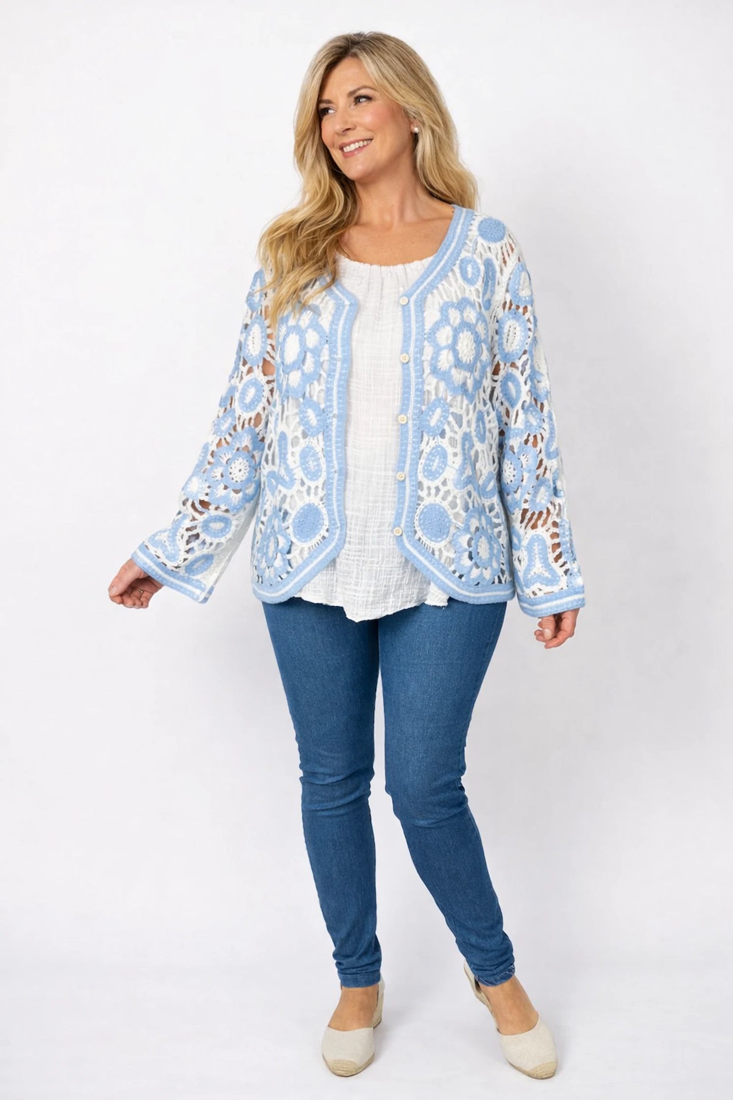 Cotton Angela Crochet Button Cardigan - Baby Blue