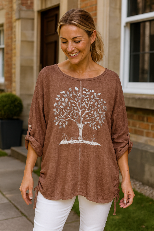 Linen Mix Diamanté Tree Rugged Side Detail Button Sleeve Valentina Top - Cinnamon