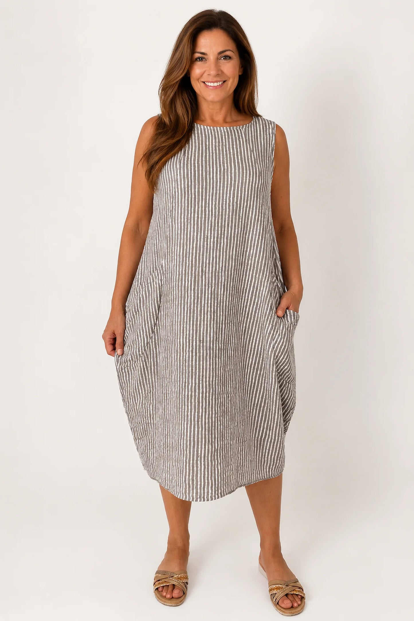 Cotton Double Pocket Pinstripe Elizabeth Dress - Mocha