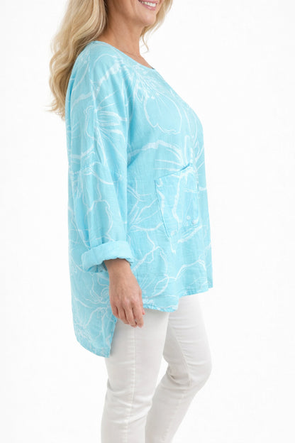 Eliza Pocket Detail Flower Top - Turquoise