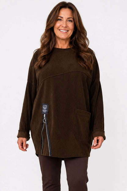 Zipped Hem Badge Detail Ciello Chenille Pocket Top - Chocolate