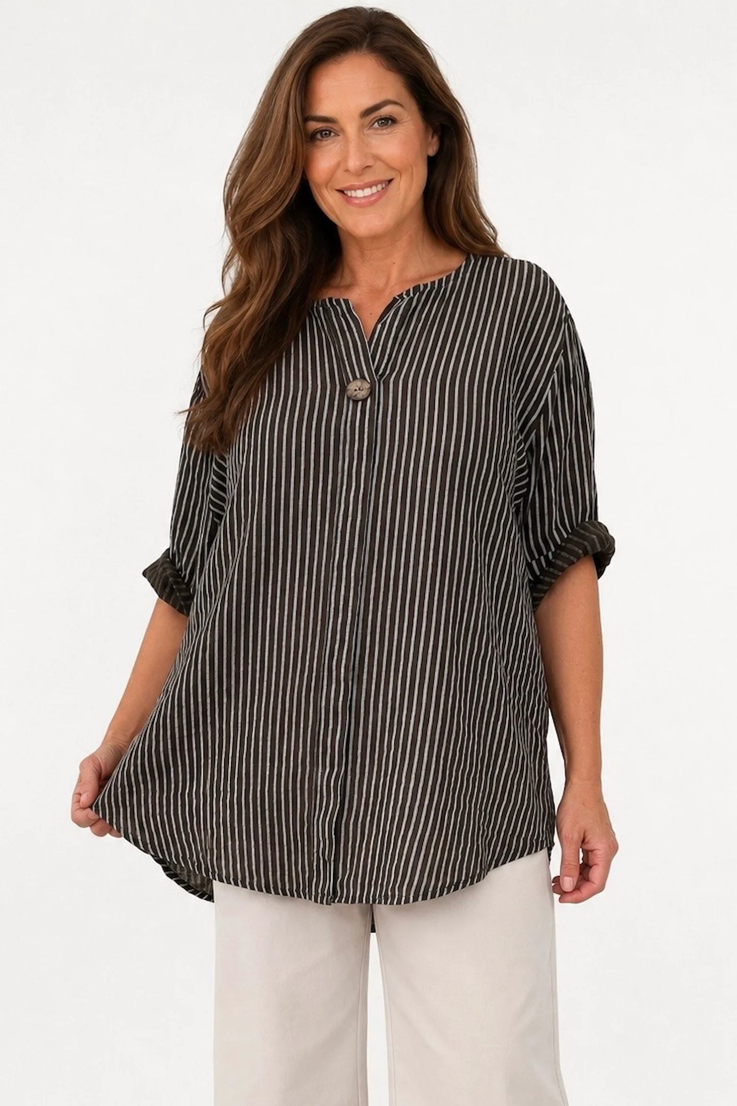 Pure Cotton Pin Stripe Bianca Button Shirt - Chocolate