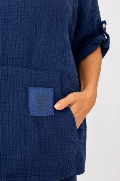 Pure Bubble Cotton Button Sleeve Badge Detail Pocketed Zara Hoodie - Navy