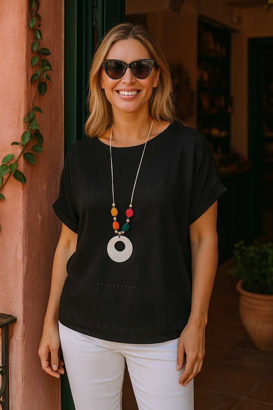 Embroidery Anglaise Elasticated Waist Colette Necklace Top - Black