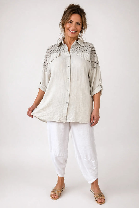 Mesh Detail Double Flap Button Sleeve Florence Button Shirt - Stone