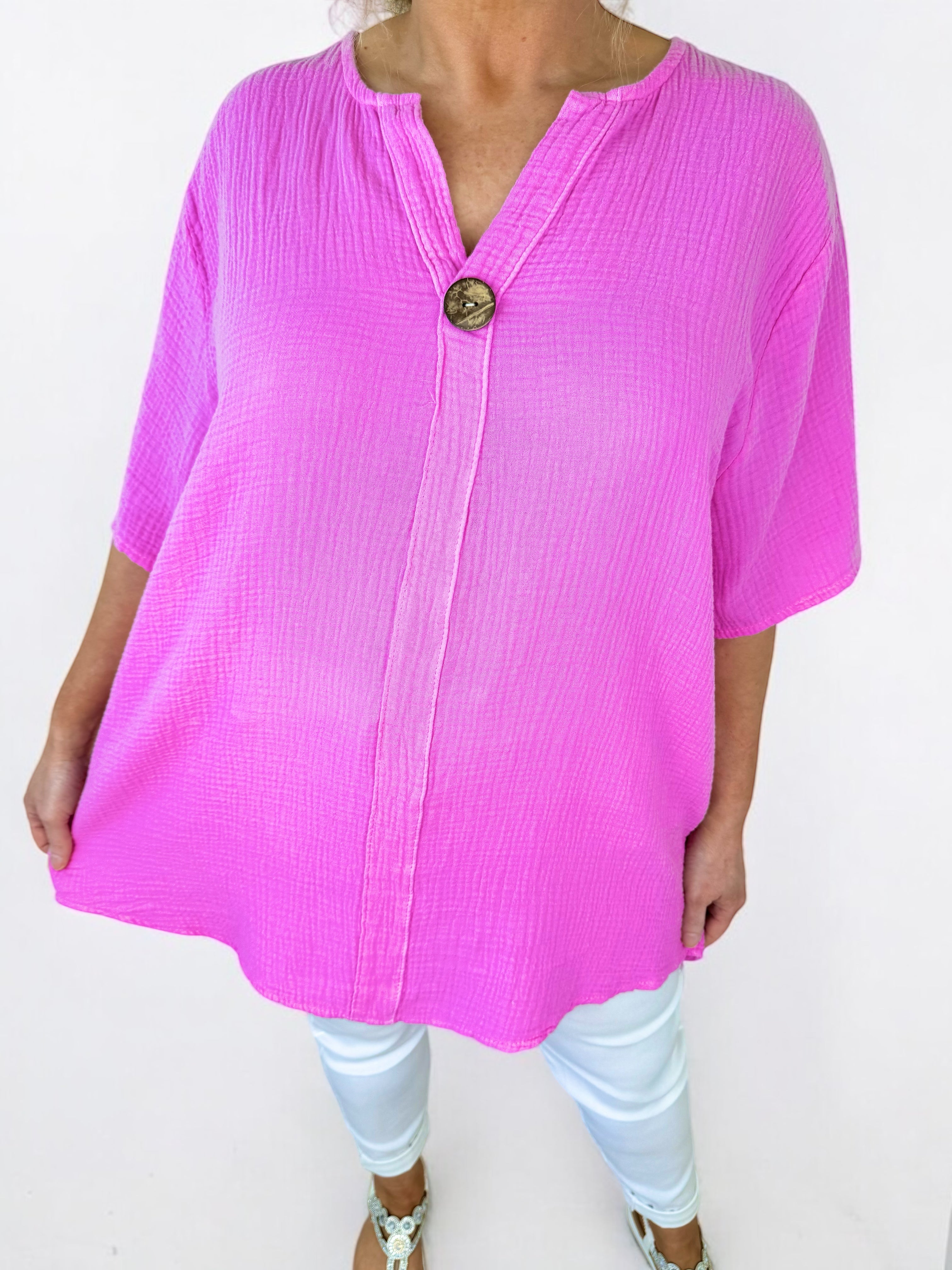 Pure Bubble Cotton One Button Siera Top - Lipstick Pink