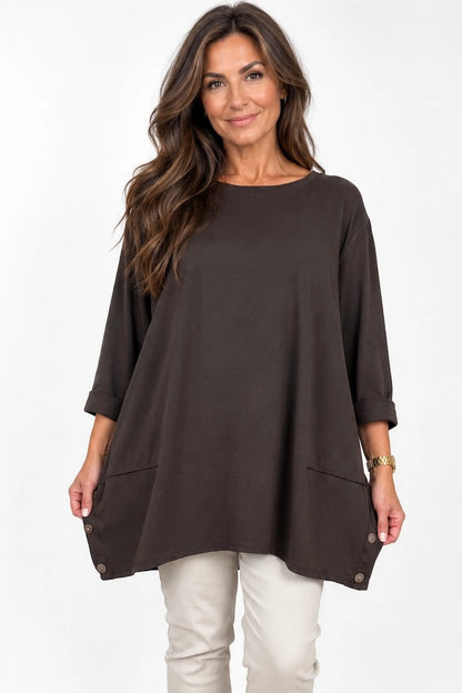 Cotton Button Side Maya Top - Chocolate